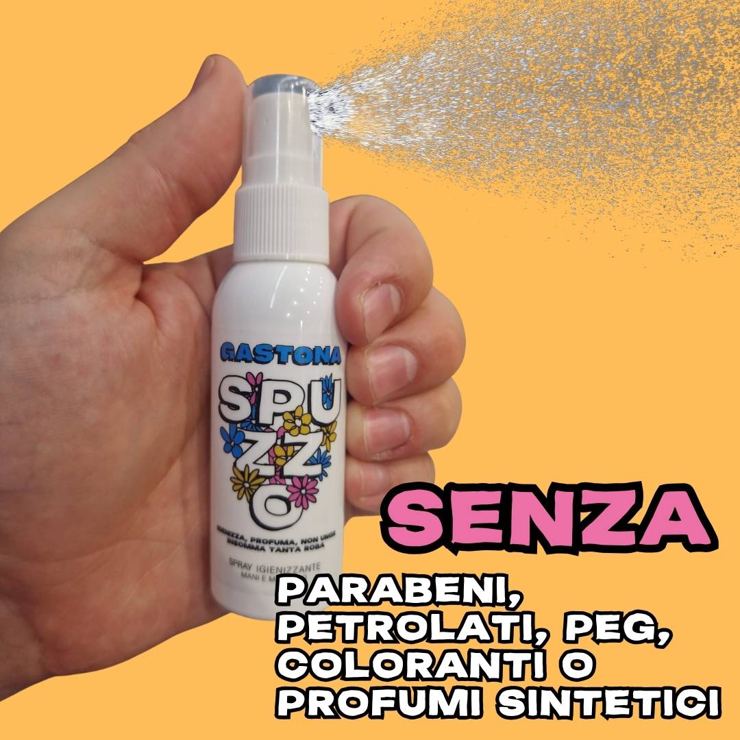 Flacone SPUZZO di Gastona mostrato in primo piano su sfondo arancione